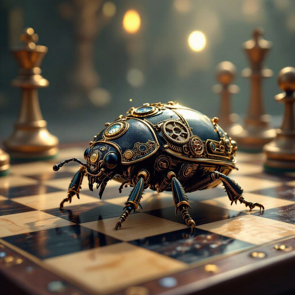Steampunk Scarab Beetle on Chessboard: Digital Art