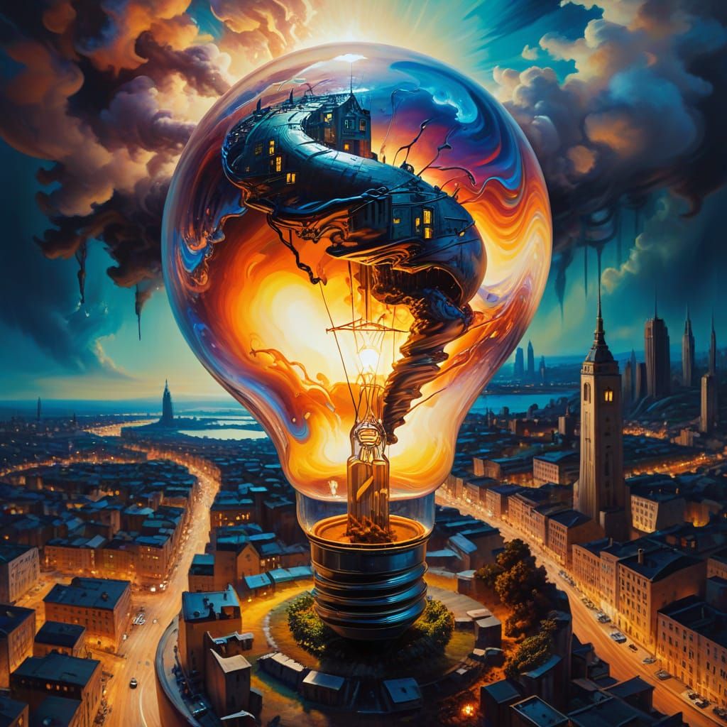 Giant Light Bulb City in Psychedelic Oil Painting Style