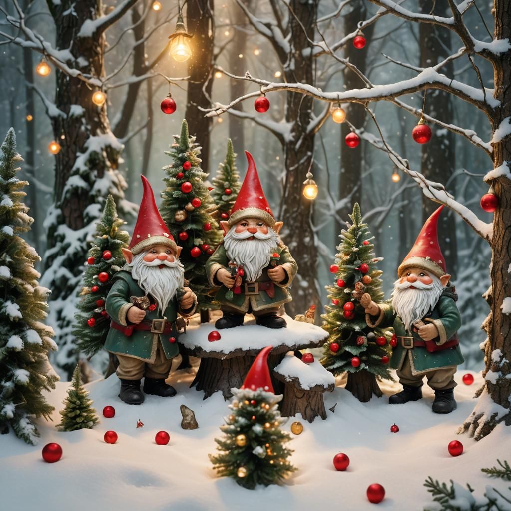 Gnomes Decorating Christmas Tree in Winter Forest