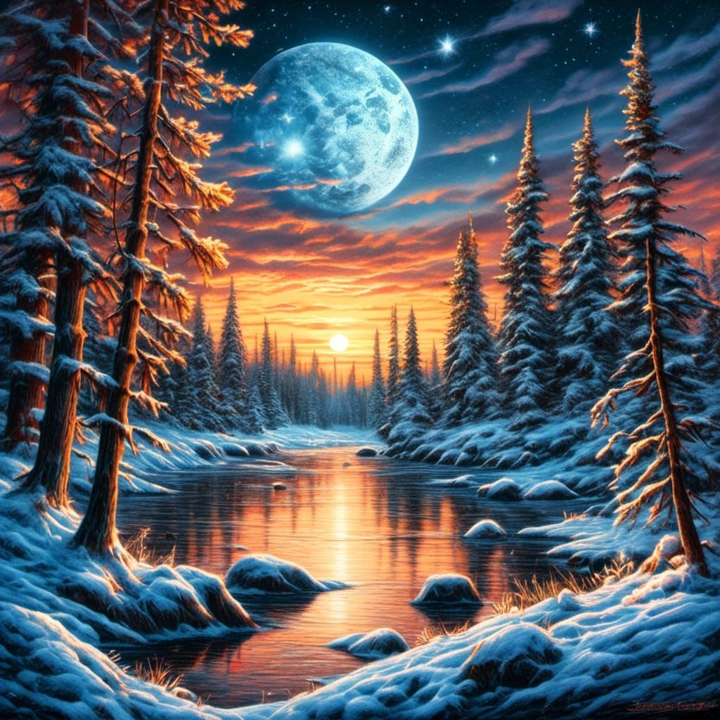 Winter Lake Bonfire: Colored Pencil Style Night Scene