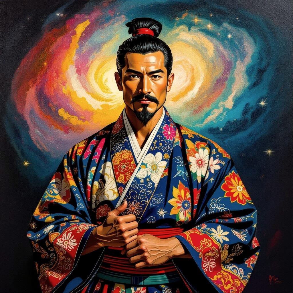 Picasso-Inspired Martial Arts Master in Cosmic Nebula