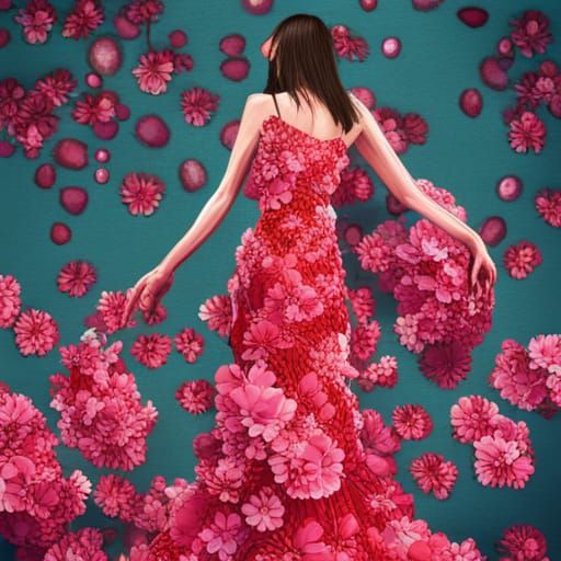 Woman in Cherry Blossom Gown: Hyperrealistic Concept Art