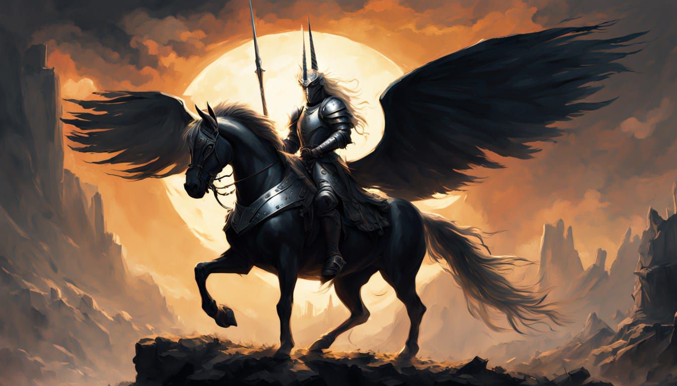 Majestic Winged Unicorn and Knight in Epic Fantasy Art