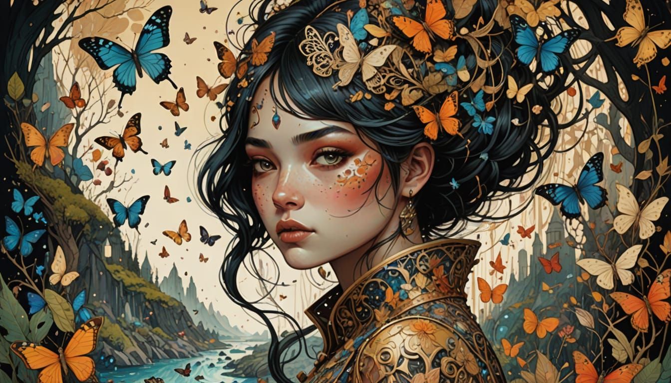 Paradise World with Galaxies and Golden Trees in Watercolor