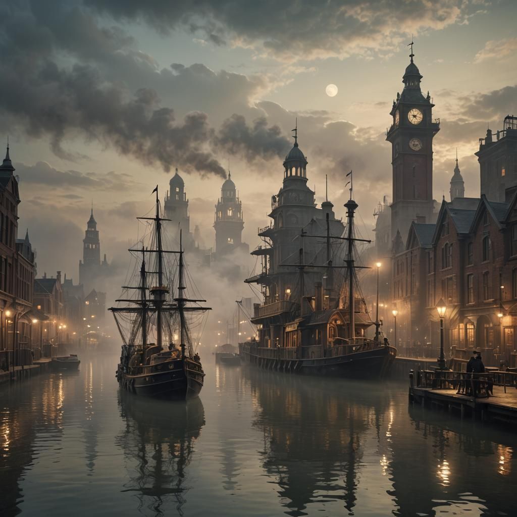 Steampunk Victorian Dockside at Dusk