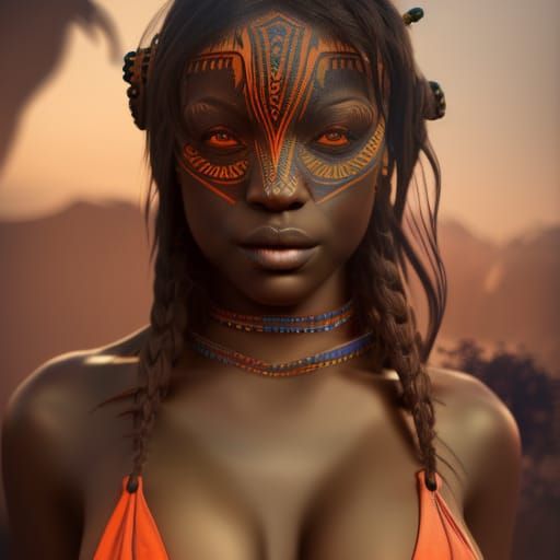 Tribal Woman with Tattoos in Detailed Matte Painting