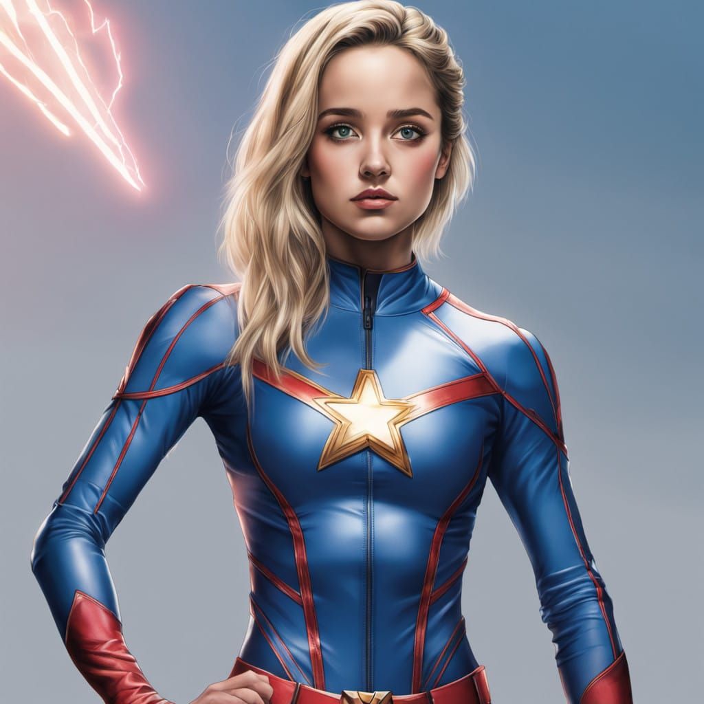 Golden Blonde Power Girl Posing Heroically as DC's Kara Zor-...