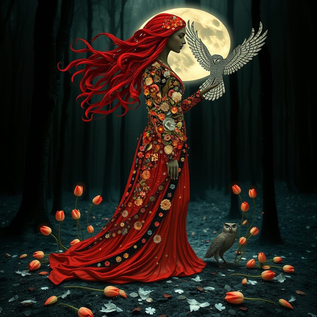Goddess of Flower and Owl in Ethereal Forest