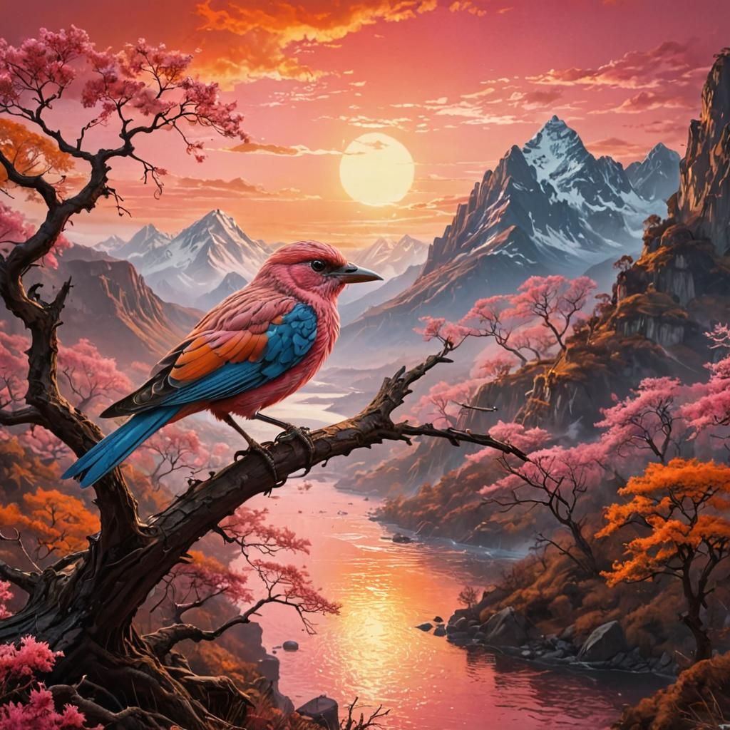 Bird on Branch with Epic Scenery, Digital Art