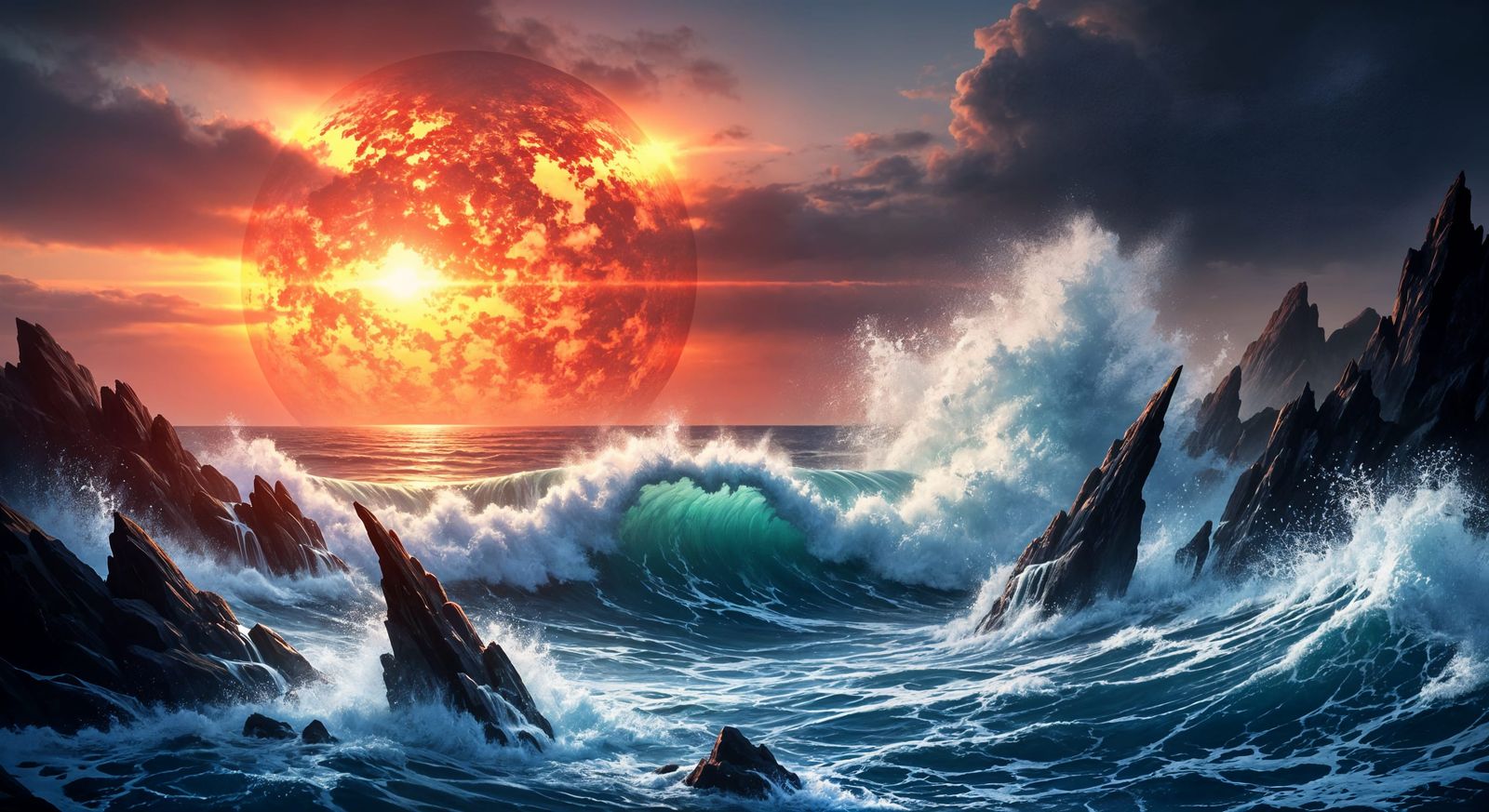 Dramatic Seascape at Fiery Crimson Sunset