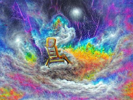 Chair Rips Open Sky: Trippy Cosmic Illustration
