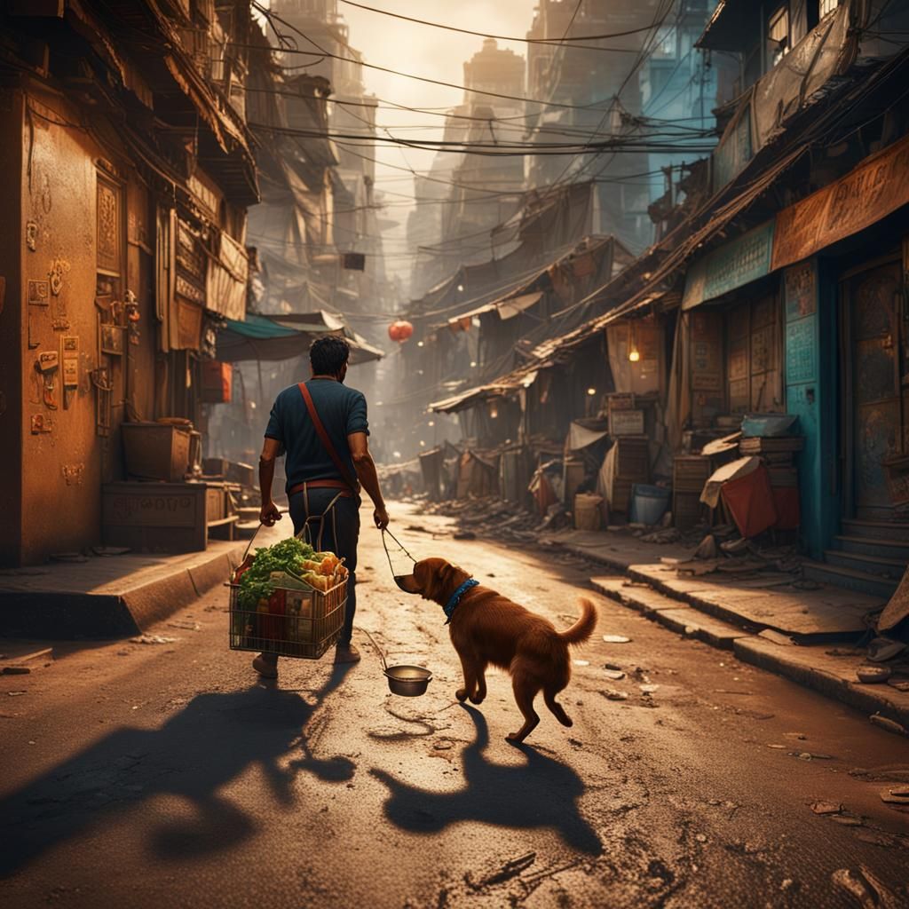 Dog Follows Kind Person in Mumbai: Detailed Painting