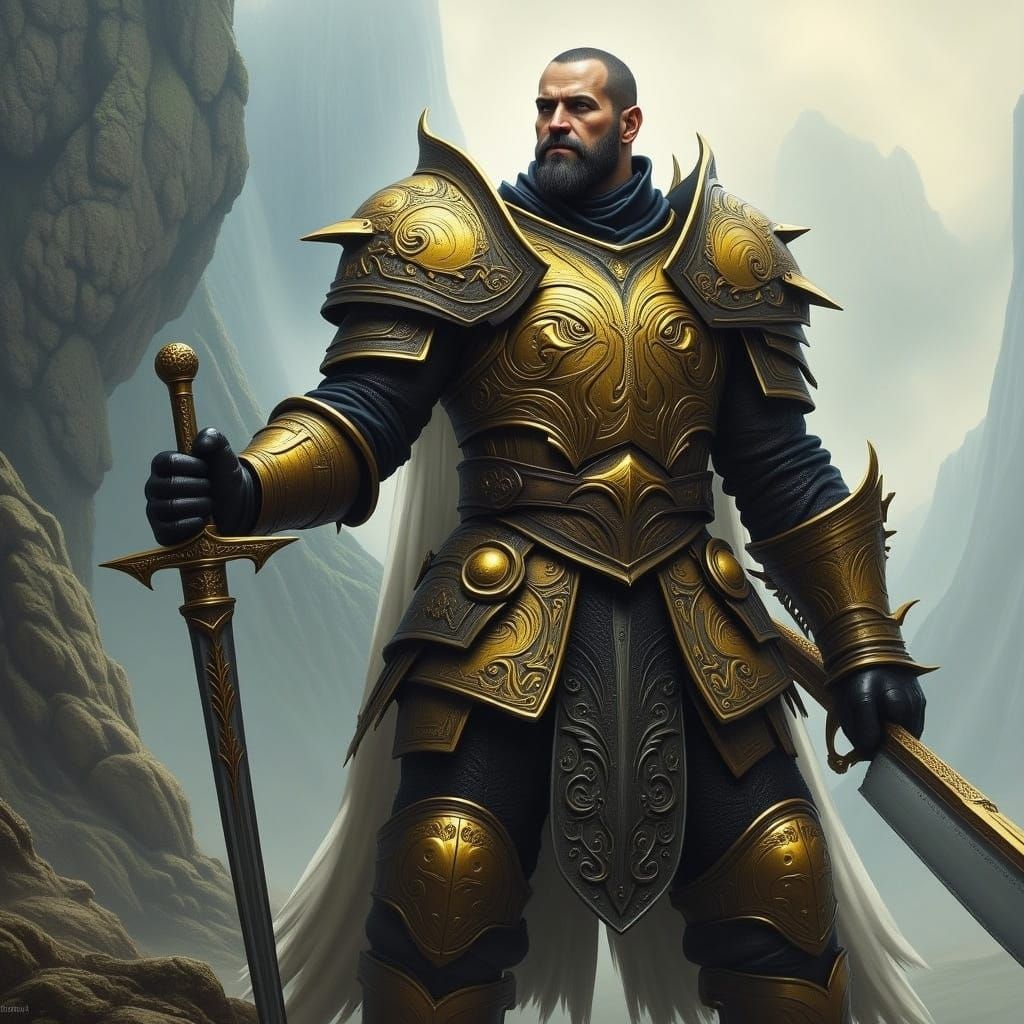 Heroic Armored Warrior in Epic Fantasy Landscape