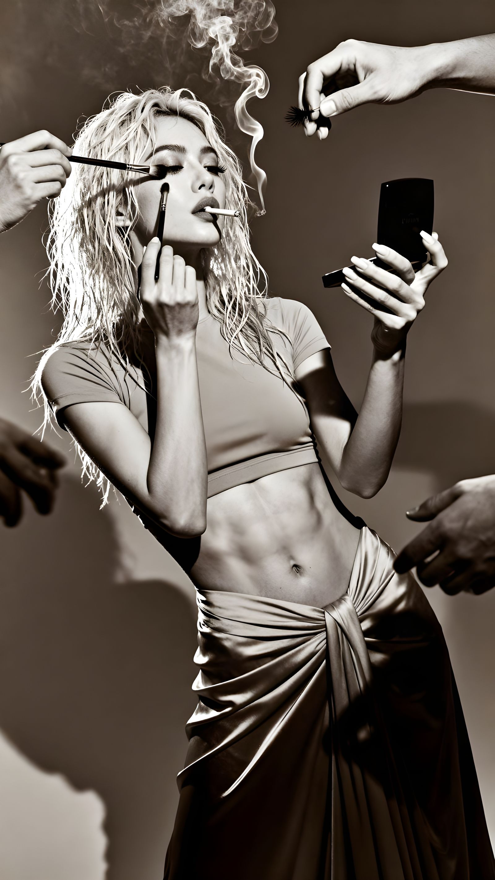 Confident Woman with Flowing Hair and Makeup Ritual