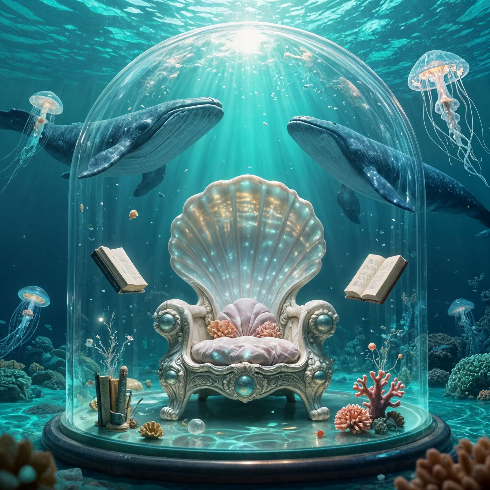 Underwater Reading Sanctuary in Bioluminescent Ocean