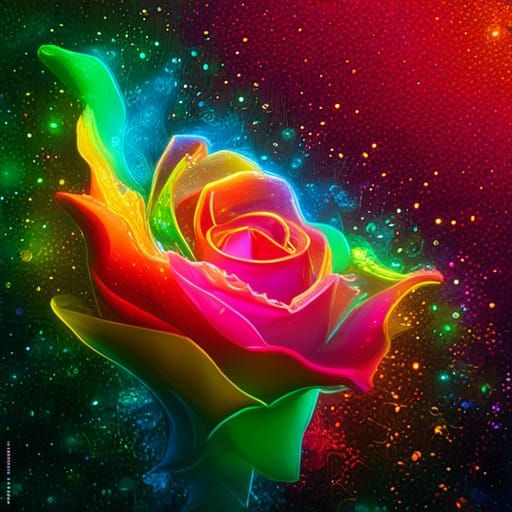 Glittering Neon Rose in Cosmic Splash Art Style