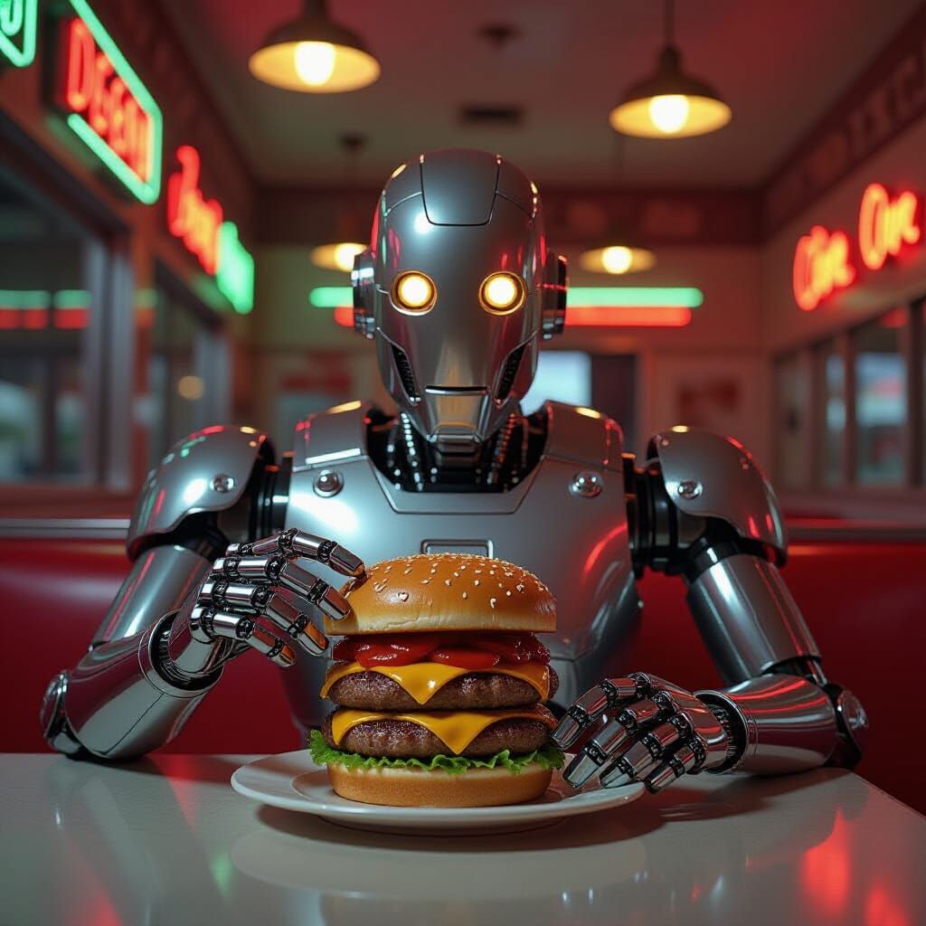 Retro-Futuristic Robot Enjoys Giant Hamburger in 1950s Diner