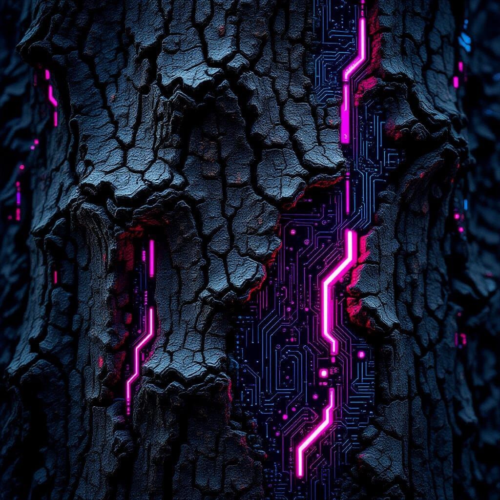 Abstract Cyberpunk Tree Bark with Neon Circuits