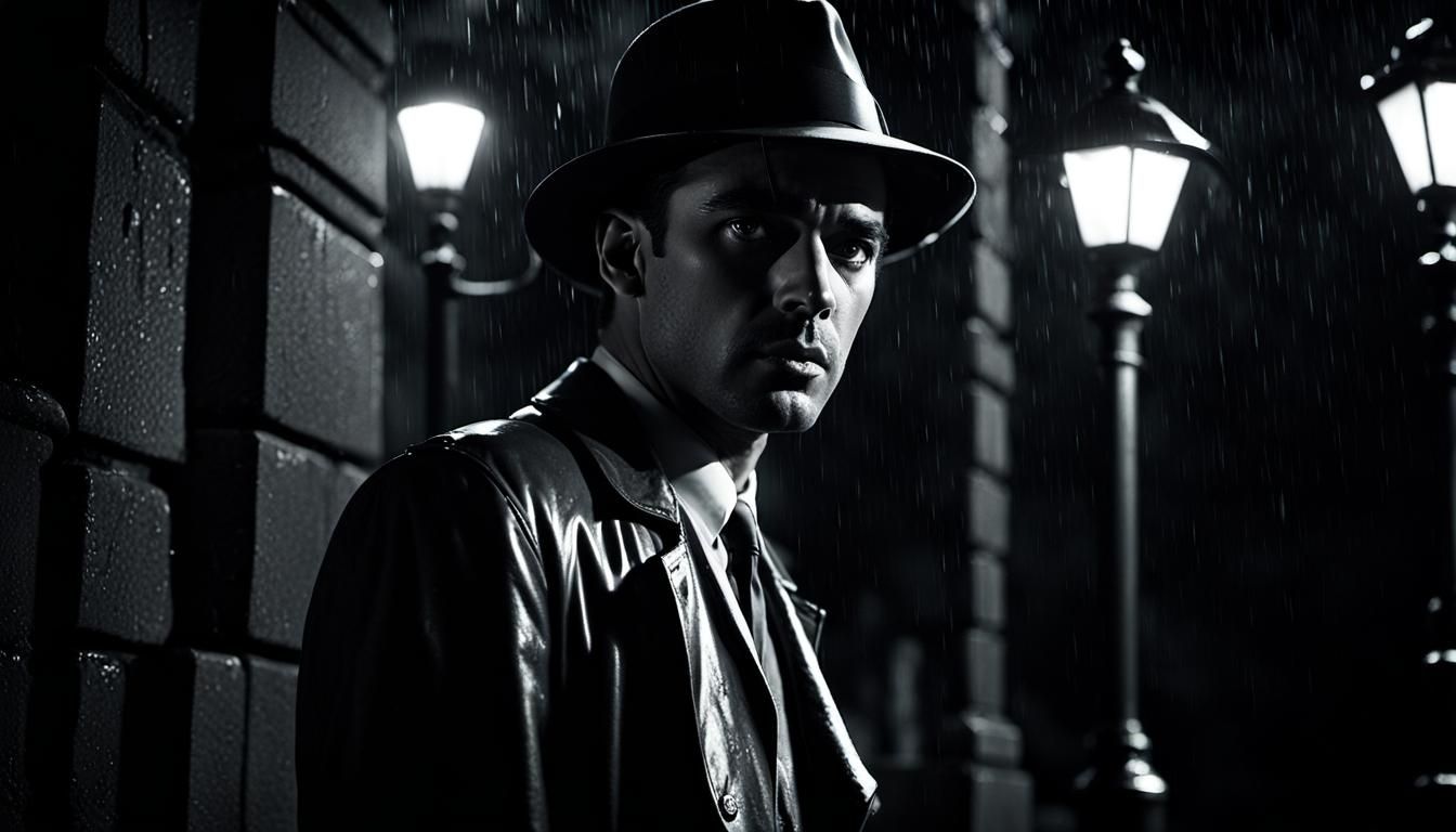 Film Noir Hoodlum in Rain-Soaked Street