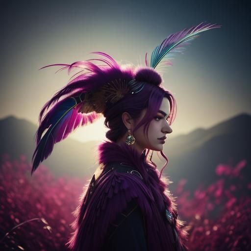 Magenta Peacock Feather Hair, Cinematic Portrait