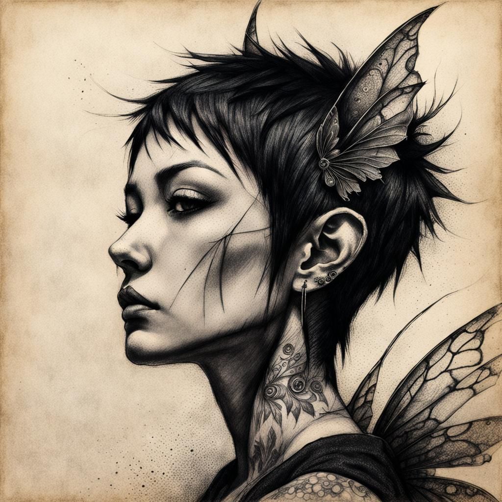Punk Girl Portrait in Charcoal Tattoo Style
