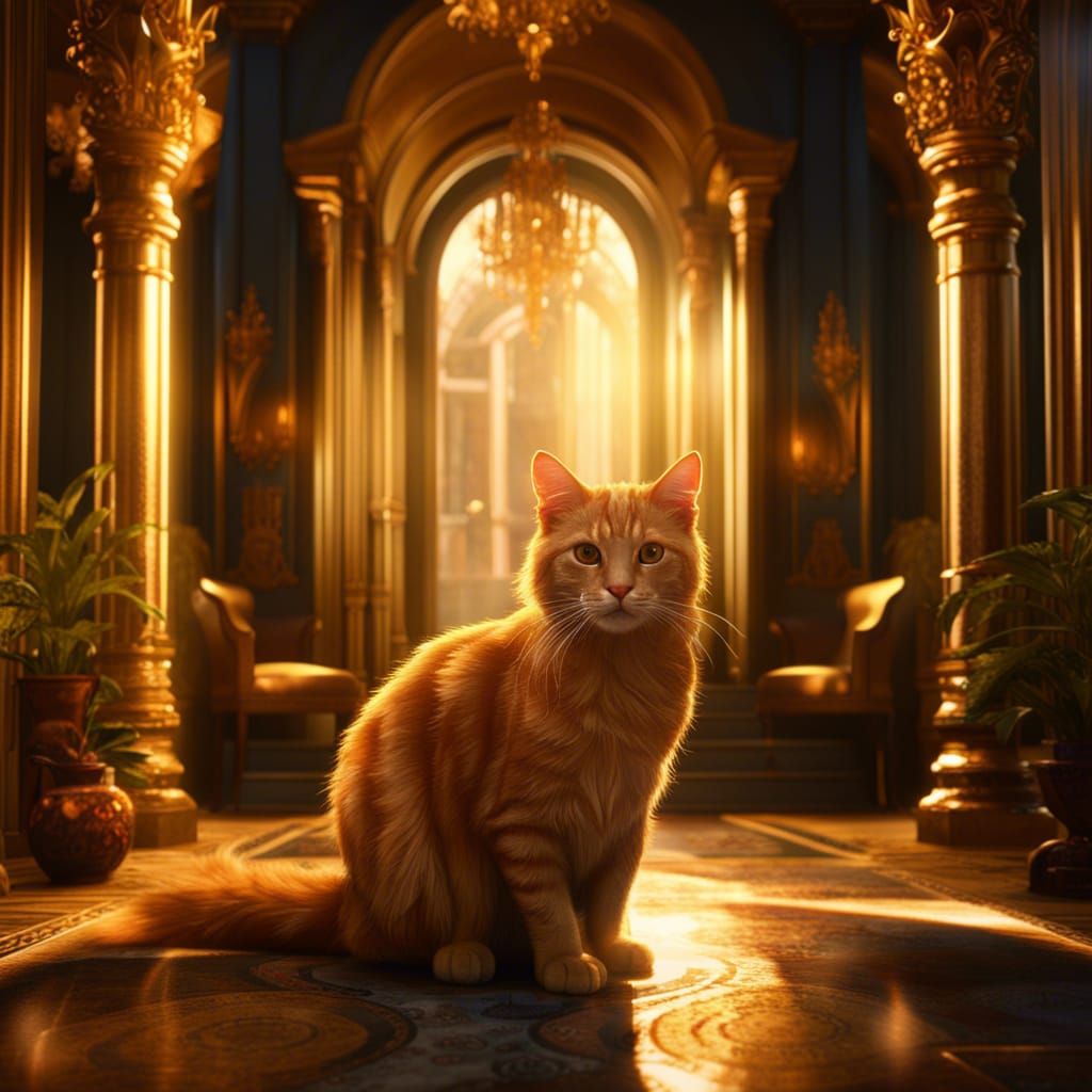 Golden Tabby Cat in Opulent Mansion, Detailed Painting
