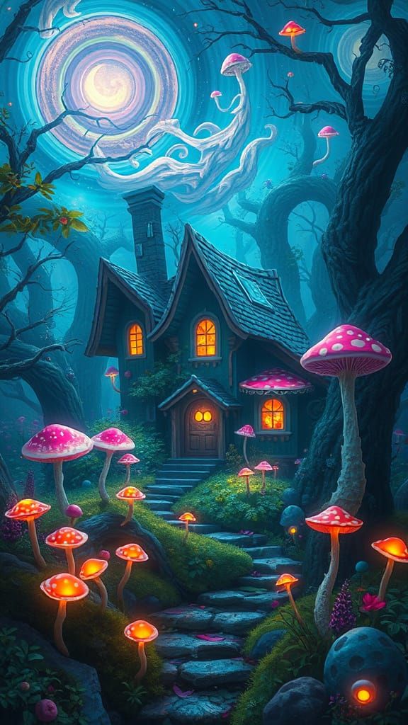 Whimsical Forest Scene with Glowing Mushrooms
