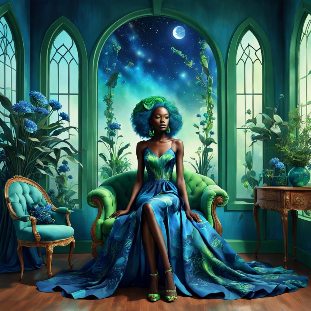 Surreal African Goddess in an Enchanted Blue and Green Room