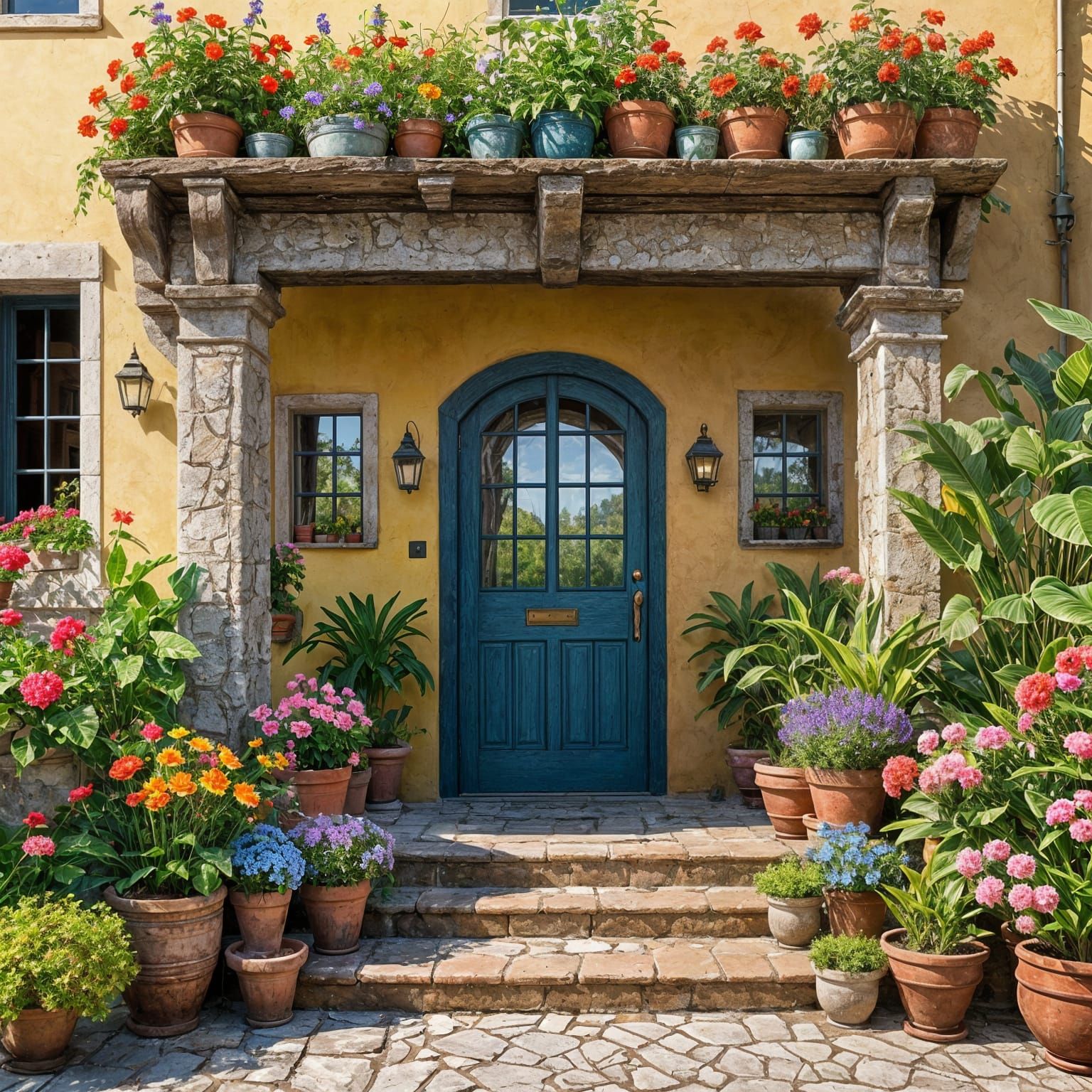 Intricate Old House Surrounded by Vibrant Flowers and Water