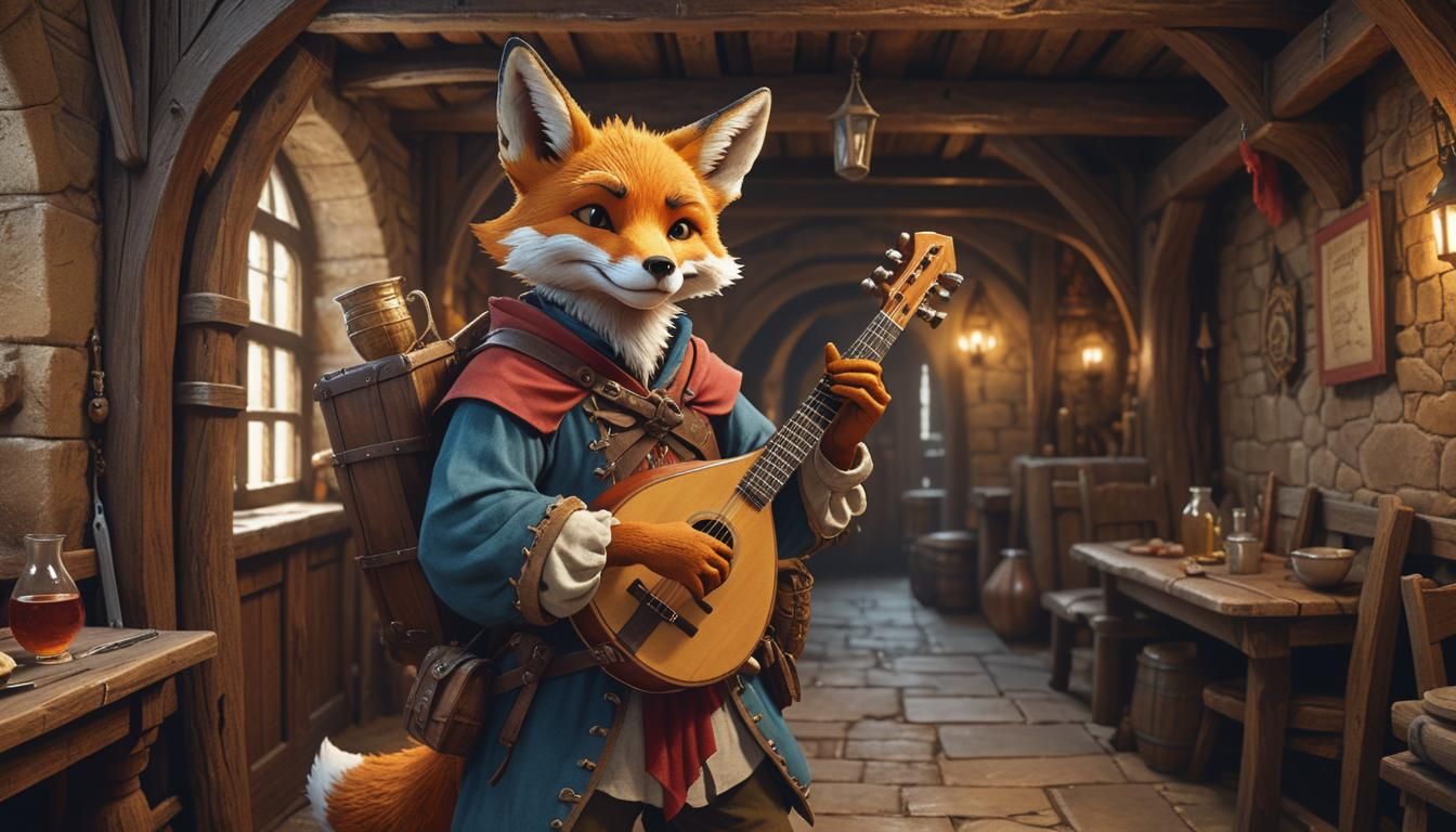 Fox Bard in Medieval Inn: Photorealistic Fantasy Art
