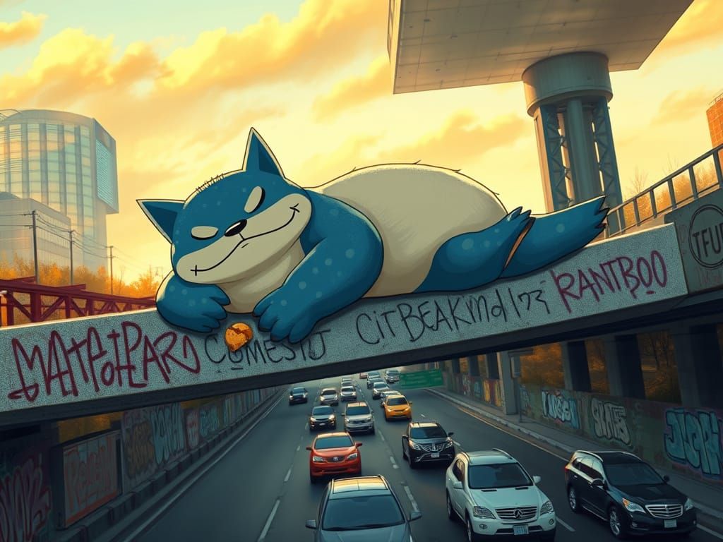 Hyper-Realistic Snorlax on Highway Overpass in Graffiti Styl...