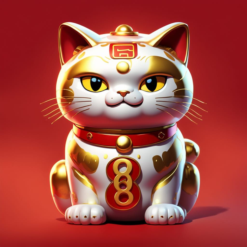 Golden Lucky Cat on Red Background in Anime Style