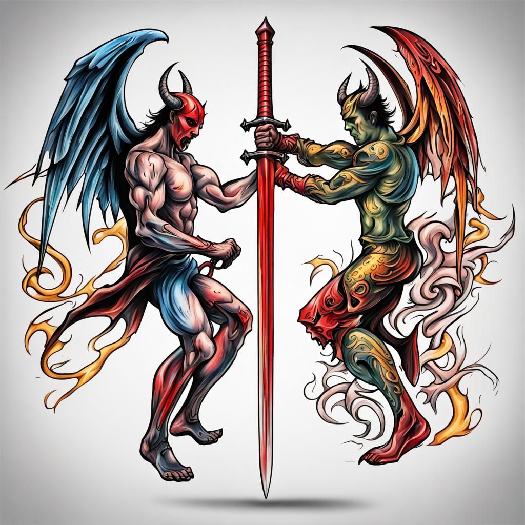 Devil and Angel Sword Fight Tattoo Template