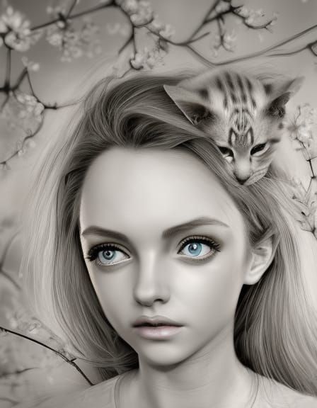 Blonde Girl Portrait with Kitten, Mouse, and Flowers