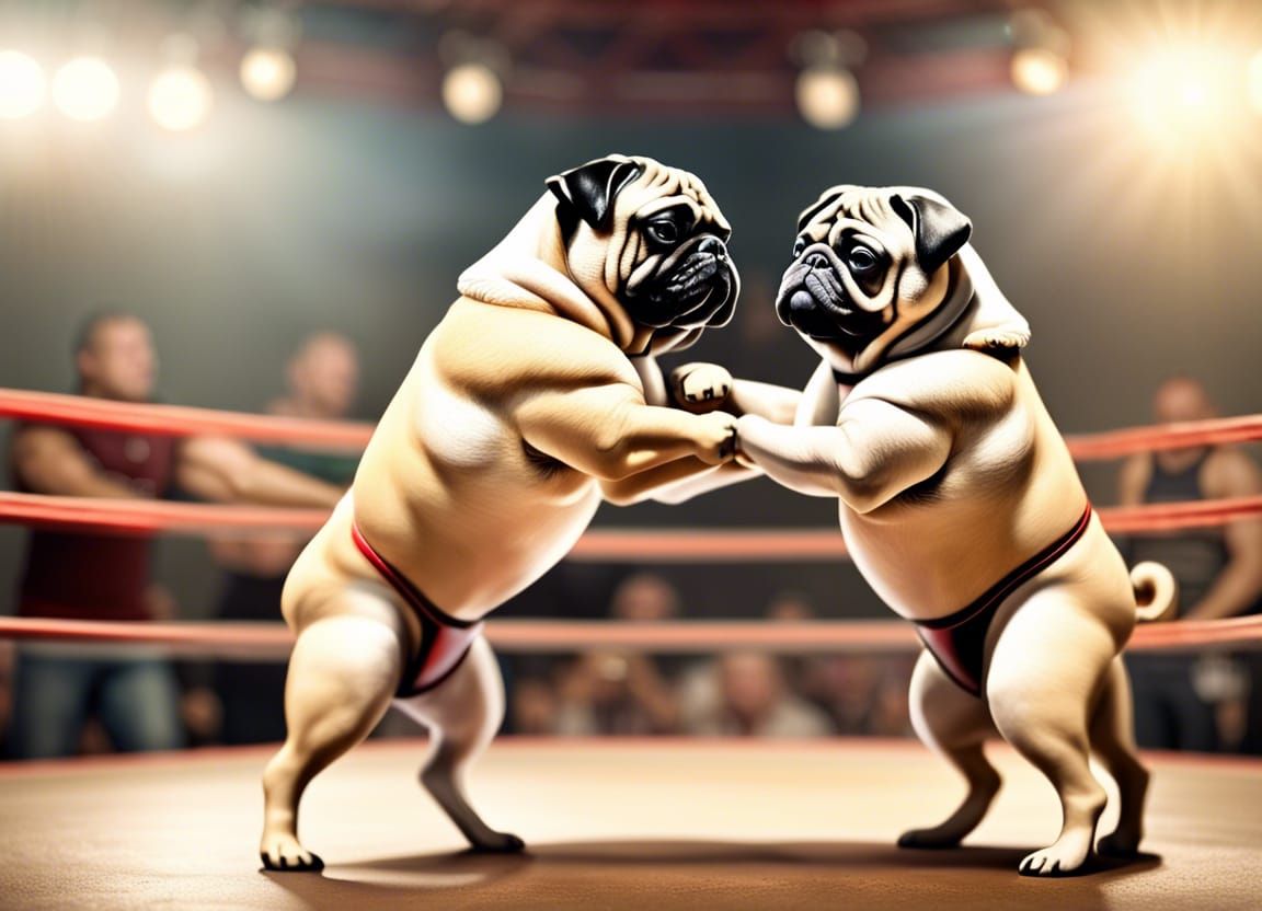 Pugs Wrestle in a Boxing Ring, Photorealistic