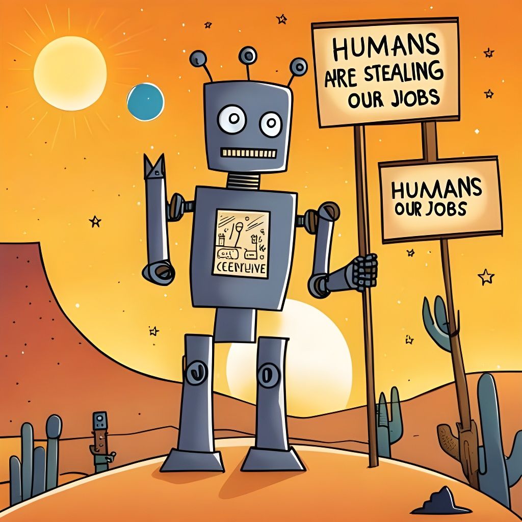 Robot Protesting Job Loss at Desert Sunrise