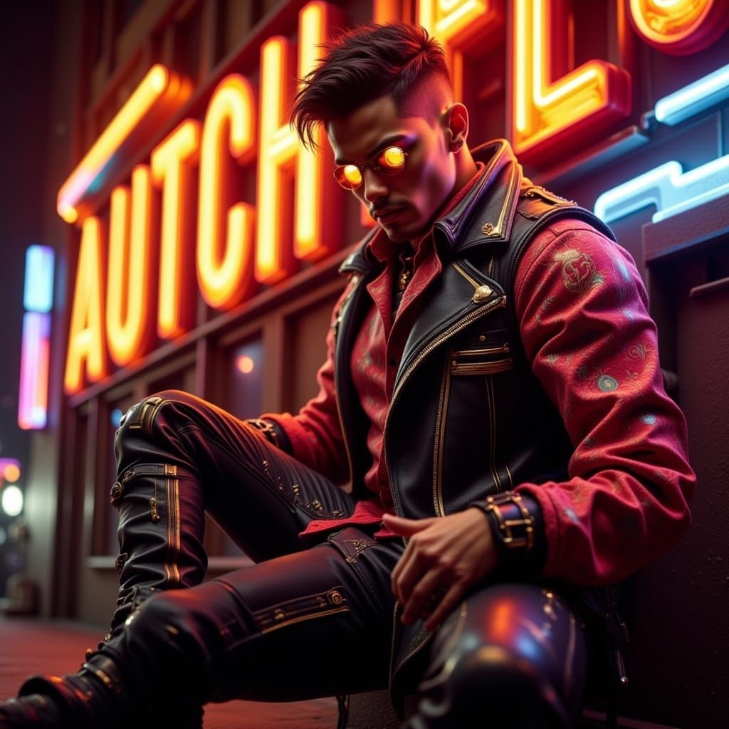 Cyberpunk Rebel with Jagged Jawline and Glimmering Leather V...