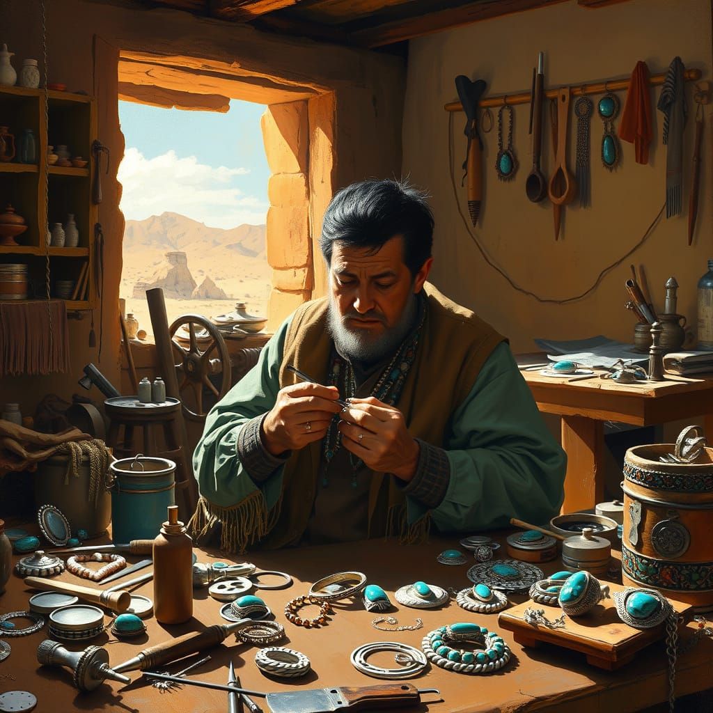 Navajo Silversmith at Work in Southwest Style