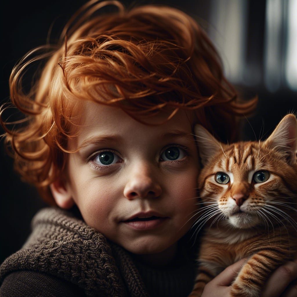 Redhead Boy and Ginger Cat Portrait