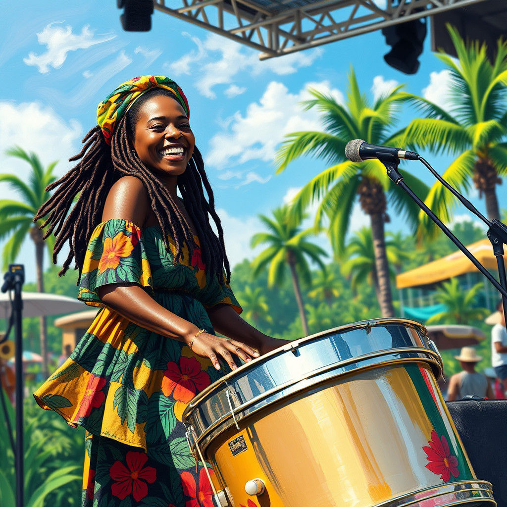 Jamaican Woman Playing Steel Drums in Chagall Style