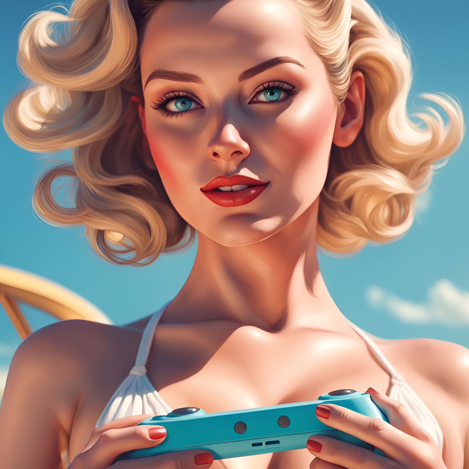 Flirty Woman in Bikini Holding Wii Remote
