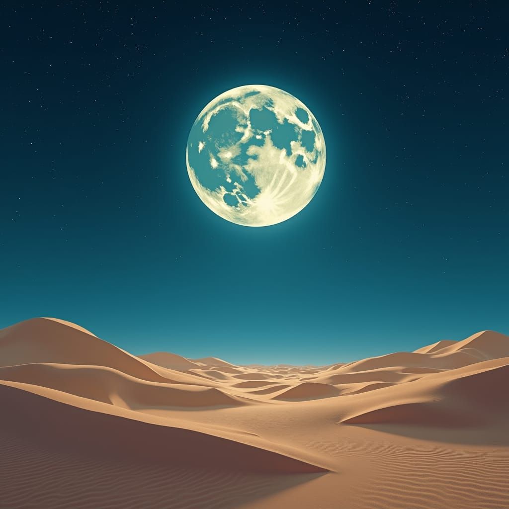Ethereal Moon Over Desert Dunes: Dreamlike Sci-Fi Art