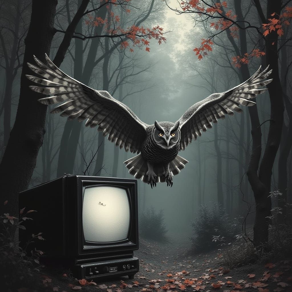 Owl Flies from Vintage TV into Colorful Forest