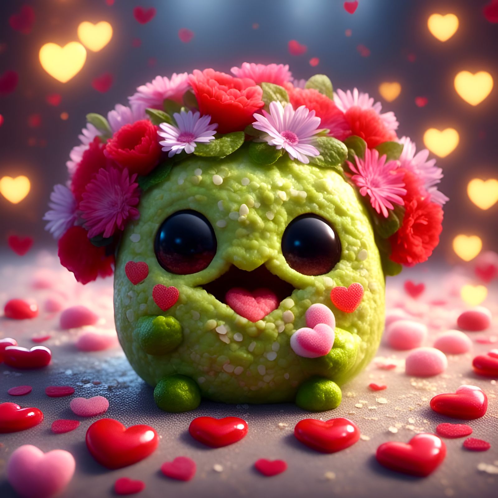 Adorable Guacamole Character Surrounded by Hearts