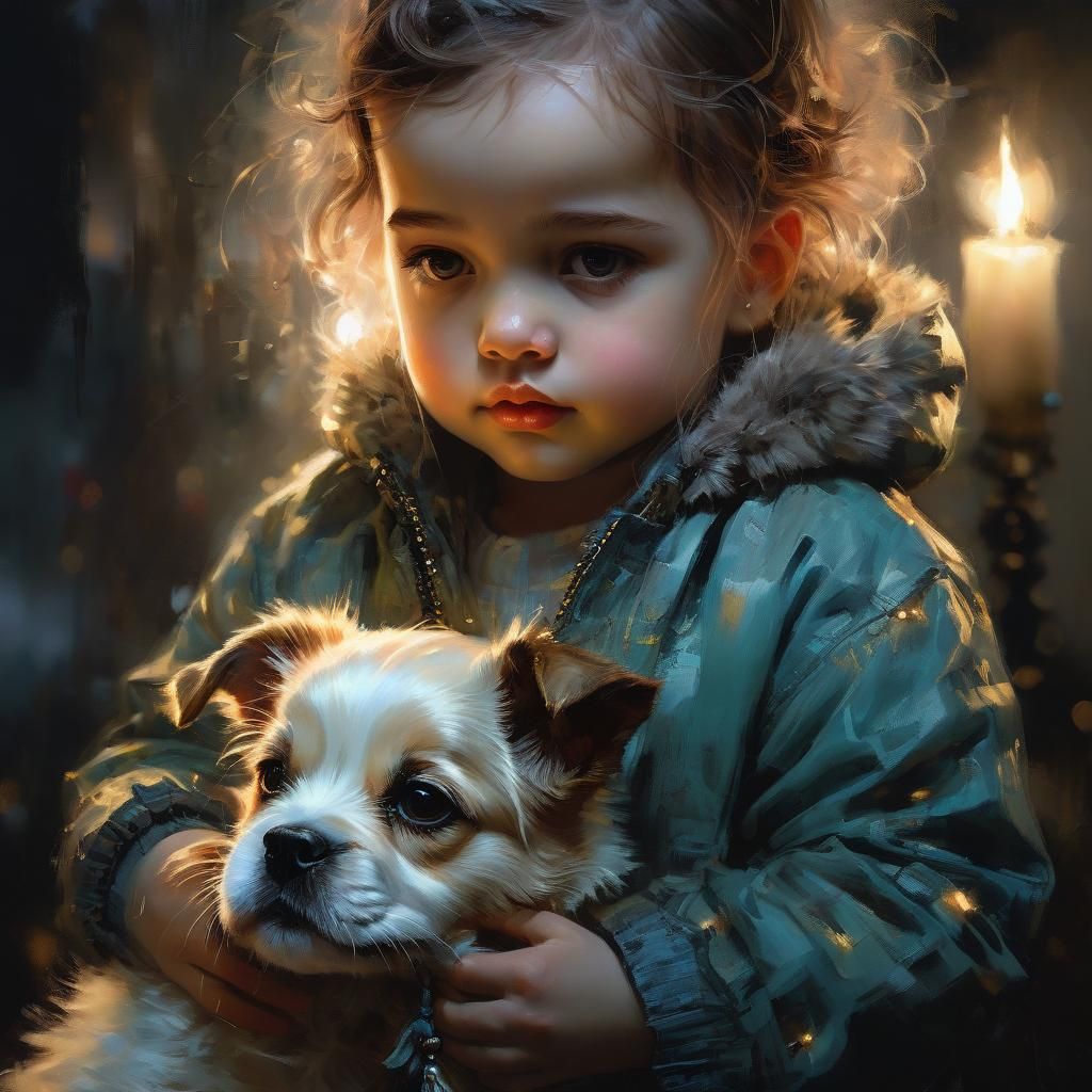 Toddler and Puppy Portrait in Pastel Art Style