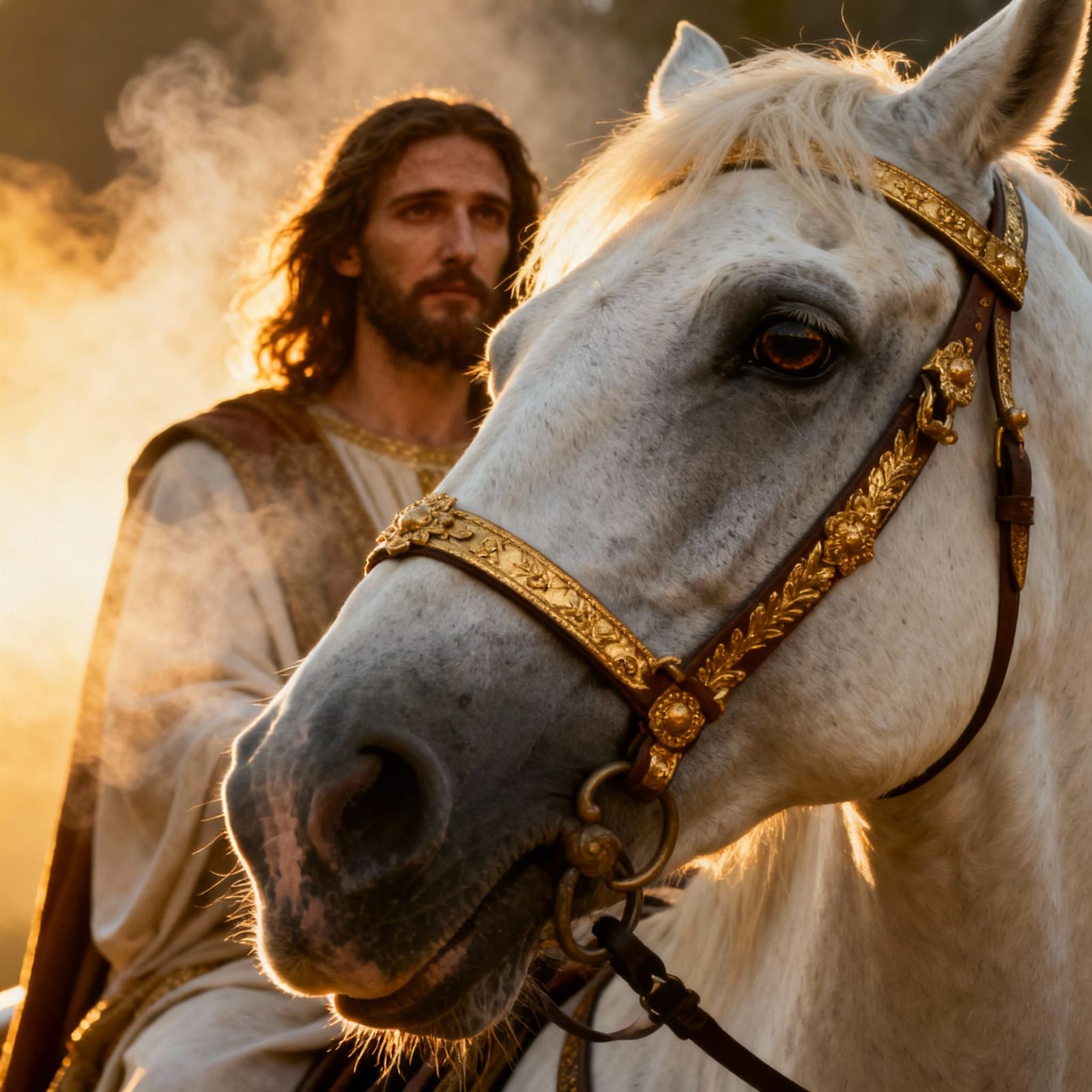 Jesus on a Detailed Arabian Horse in Golden Hour Light