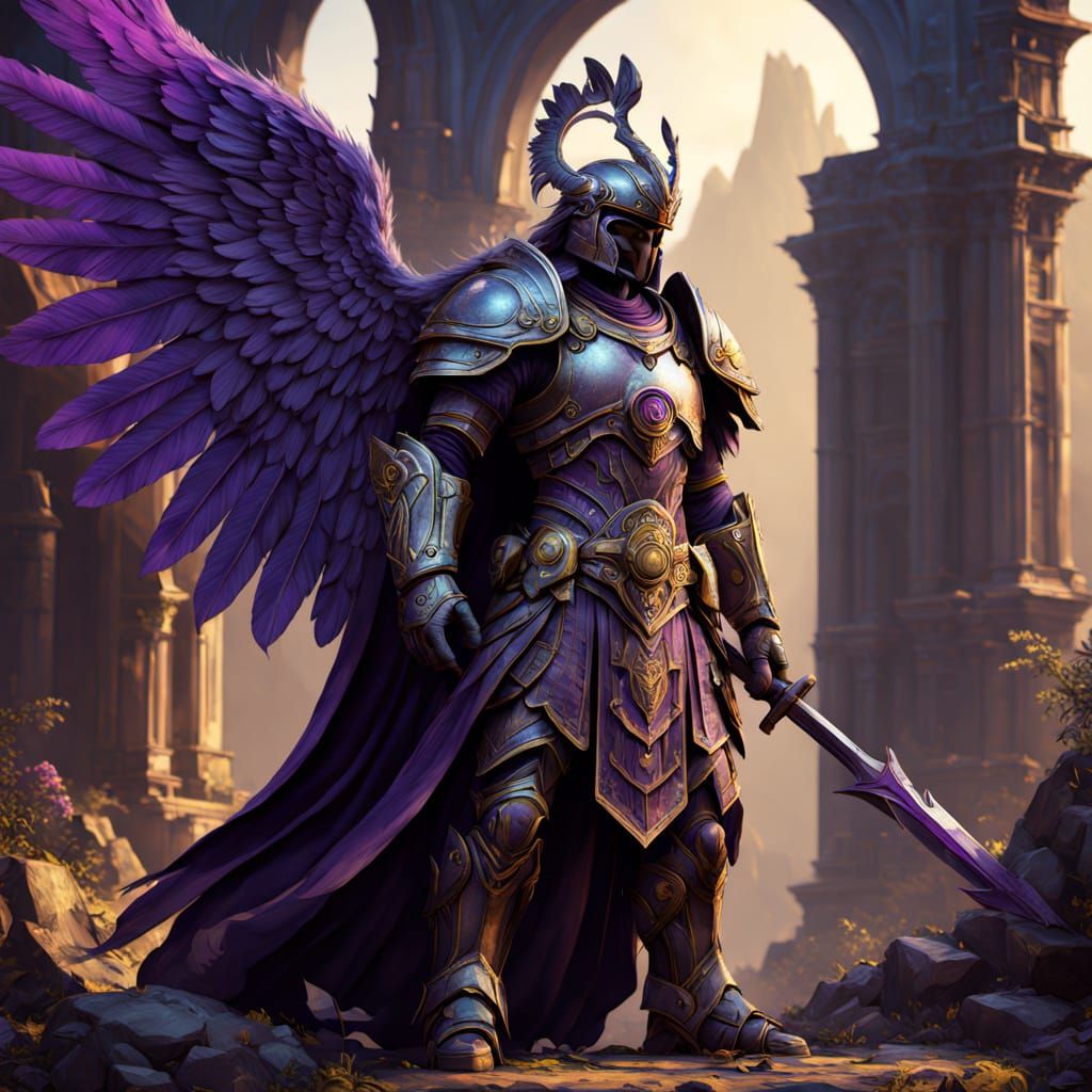 Warrior with Angelic Wings in Ruined Civilization