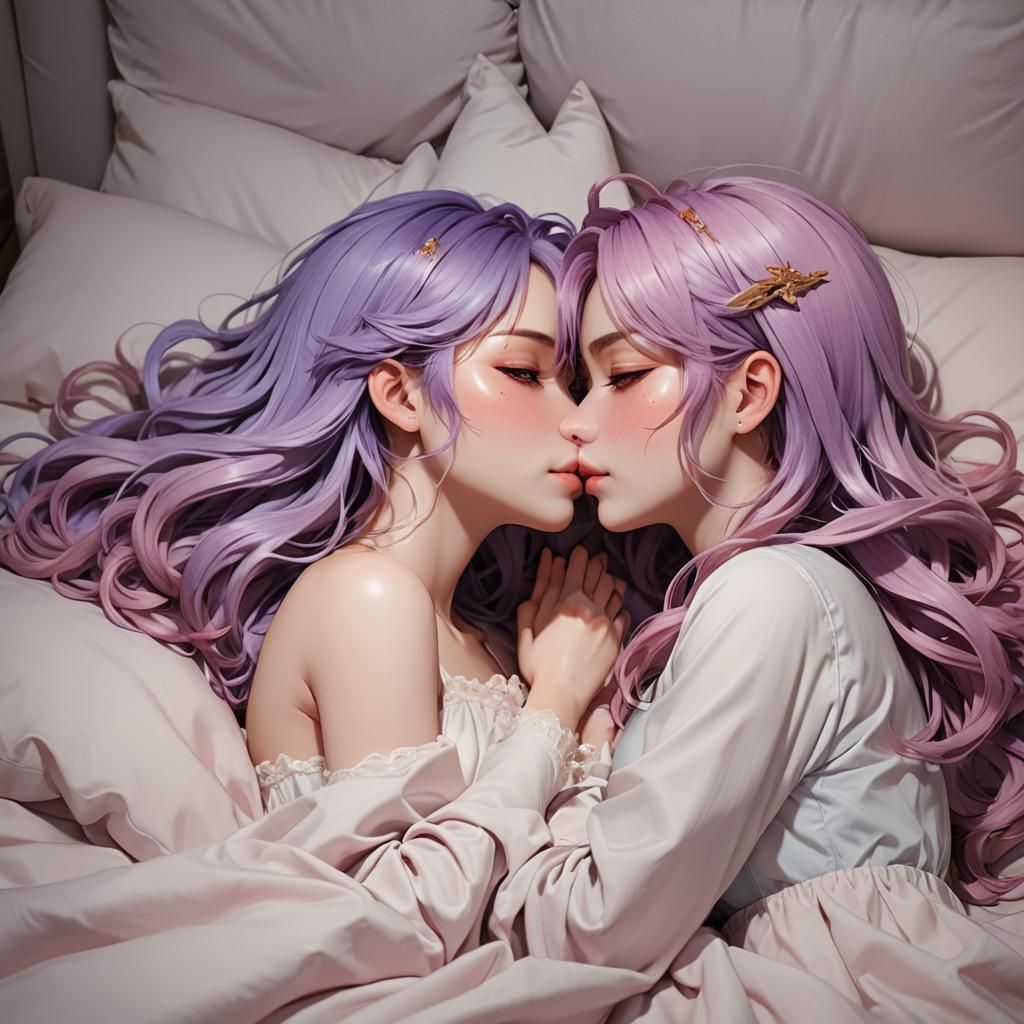 Romantic Anime Girls Kissing in Bed: 3D Art