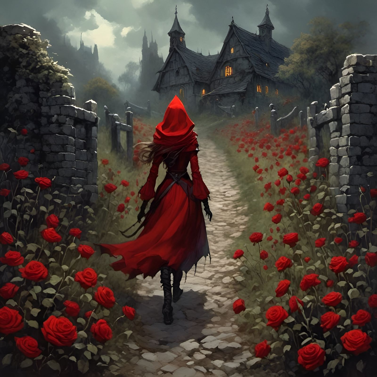 Red Hood Girl on Dark Road with Fox