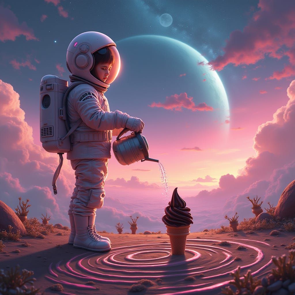 Girl Waters Ice Cream Crop Circles on Alien Planet